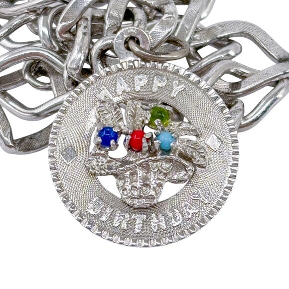 Vintage Sterling Silver 925 | Glass Bead Happy Birthday Charm Bracelet | 7" - Picture 8 of 11